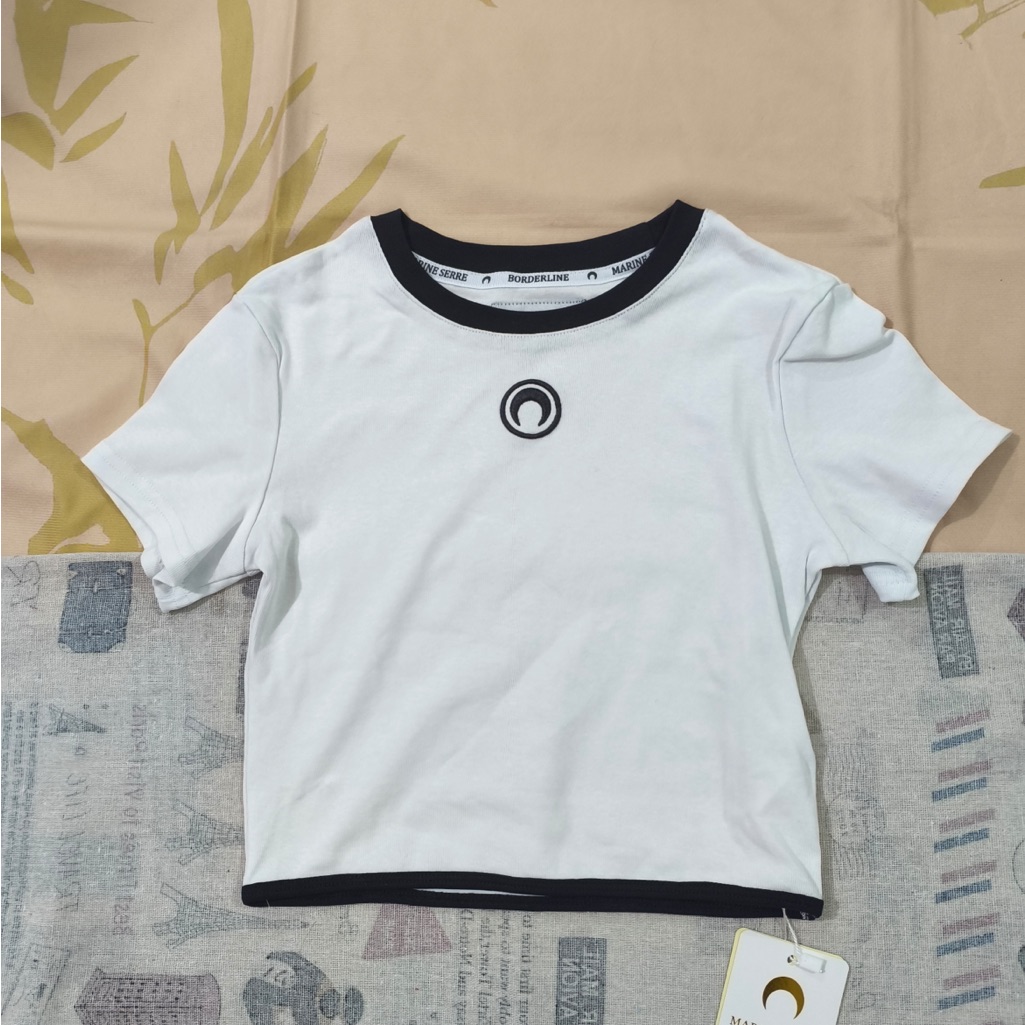 Marine Serre White Cropped Tee With Black Trim And Crescent Motif